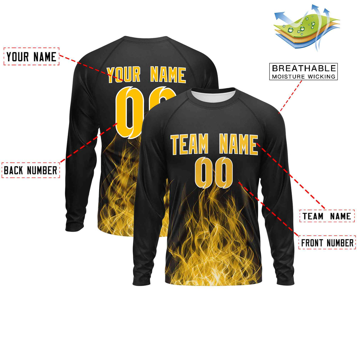 Custom Black Yellow Colorful Flame Pattern Long Sleeve Performance T-Shirt