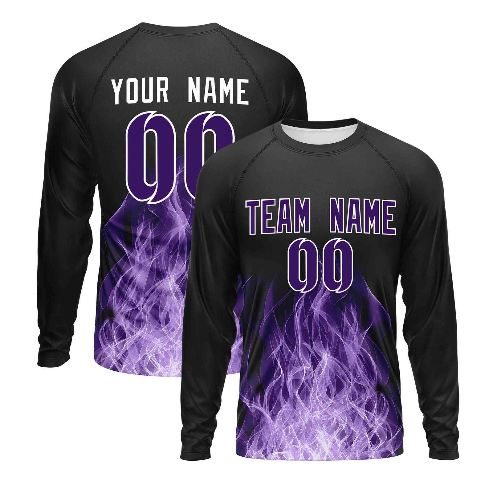 Custom Black Purple Colorful Flame Pattern Long Sleeve Performance T-Shirt