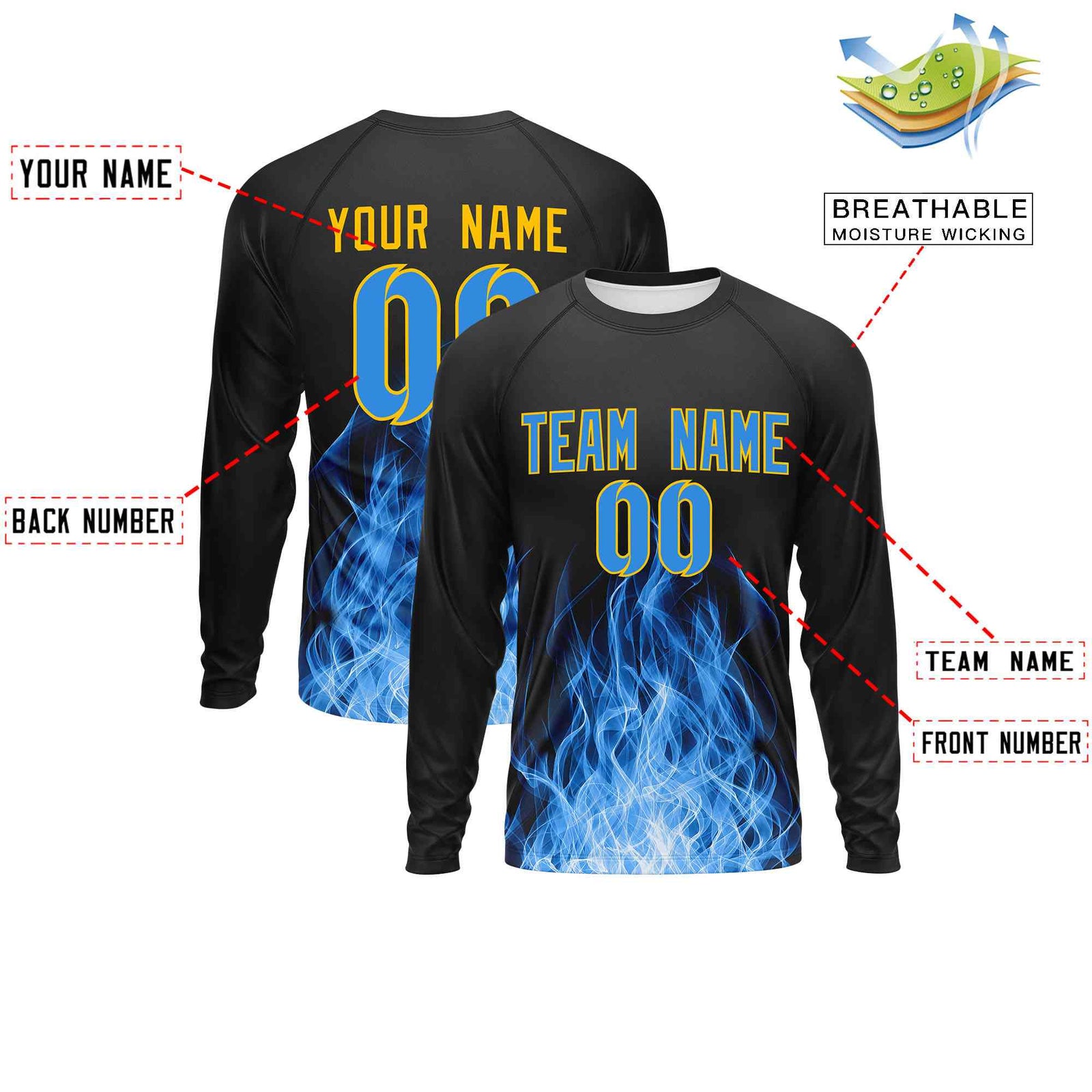Custom Black Light Blue Colorful Flame Pattern Long Sleeve Performance T-Shirt