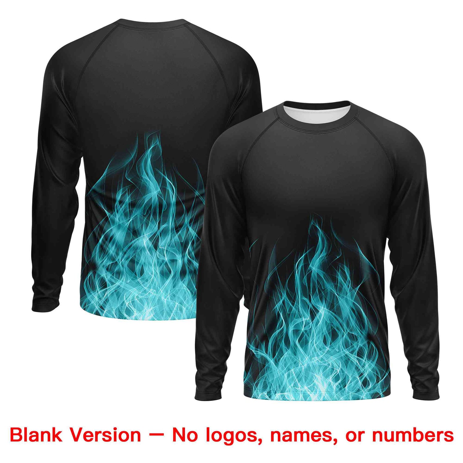 Custom Black Teal Colorful Flame Pattern Long Sleeve Performance T-Shirt