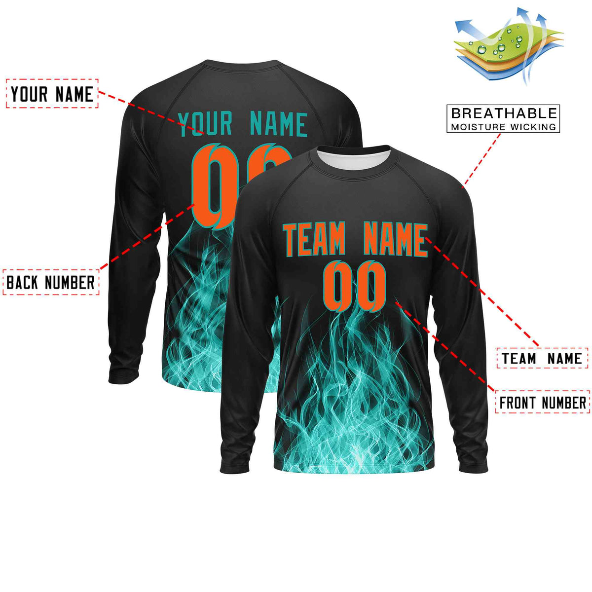 Custom Black Aqua Colorful Flame Pattern Long Sleeve Performance T-Shirt