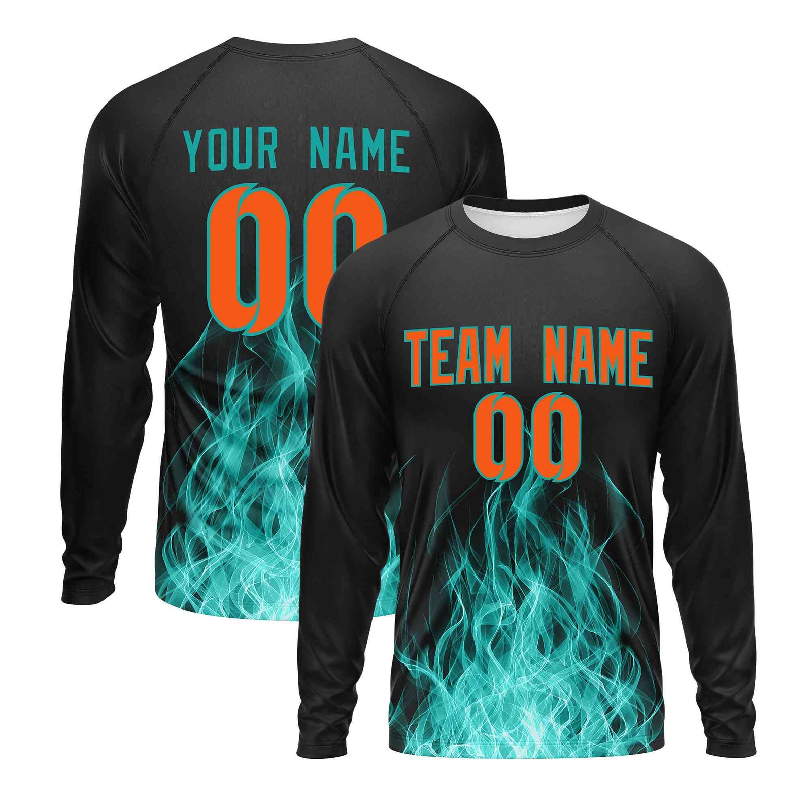 Custom Black Aqua Colorful Flame Pattern Long Sleeve Performance T-Shirt