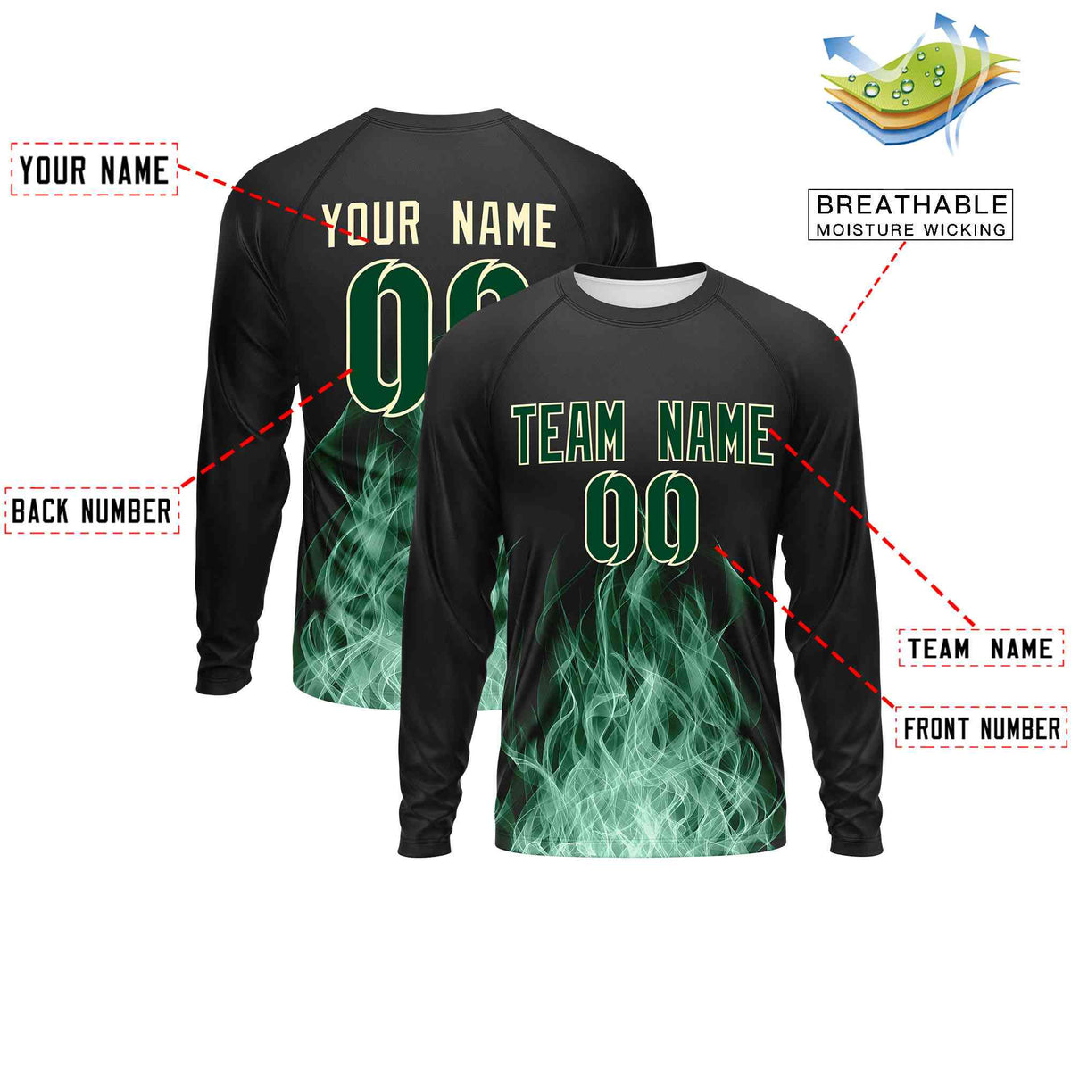 Custom Black Green Colorful Flame Pattern Long Sleeve Performance T-Shirt