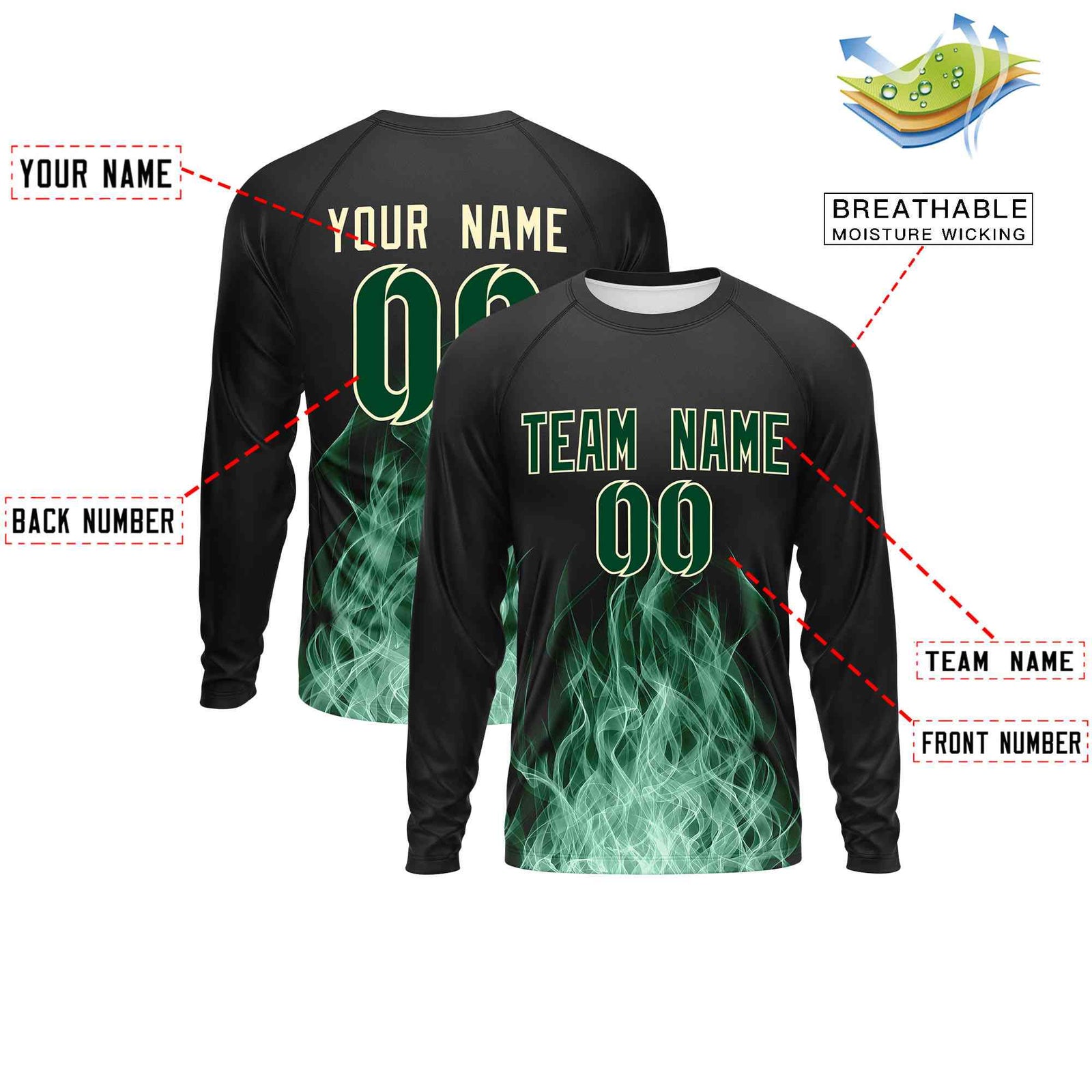 Custom Black Green Colorful Flame Pattern Long Sleeve Performance T-Shirt