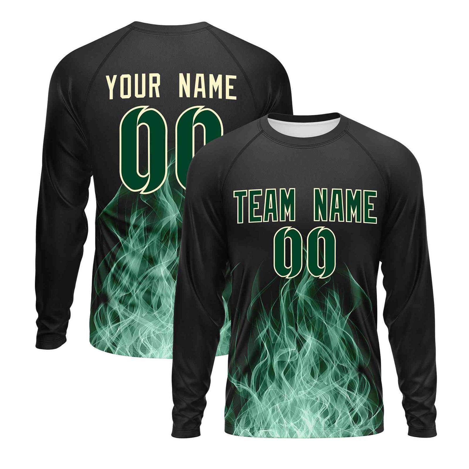 Custom Black Green Colorful Flame Pattern Long Sleeve Performance T-Shirt