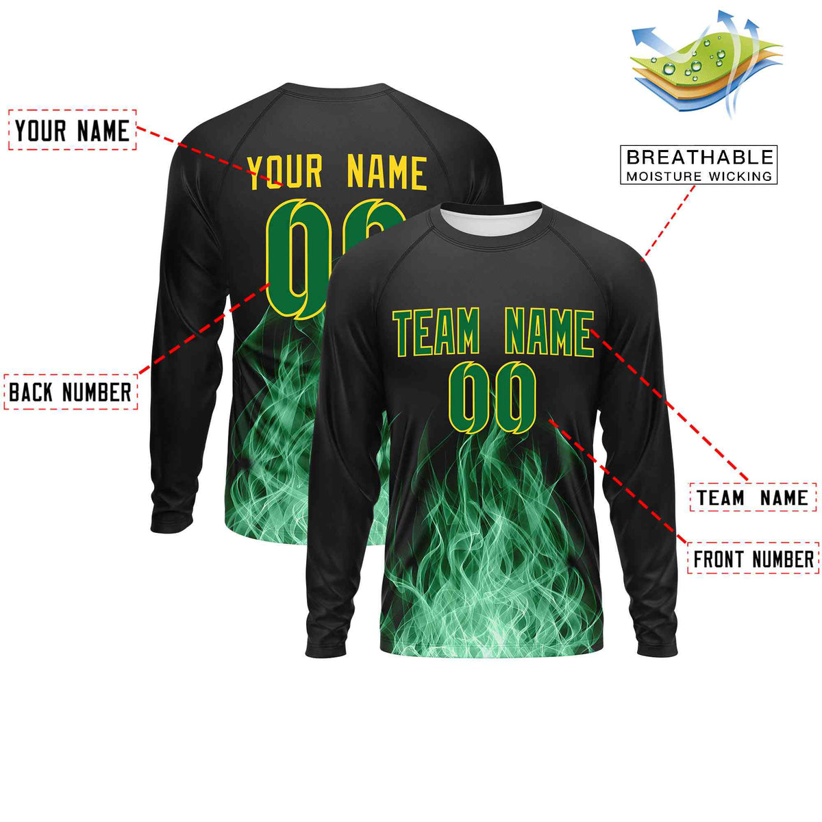 Custom Black Kelly Green Colorful Flame Pattern Long Sleeve Performance T-Shirt