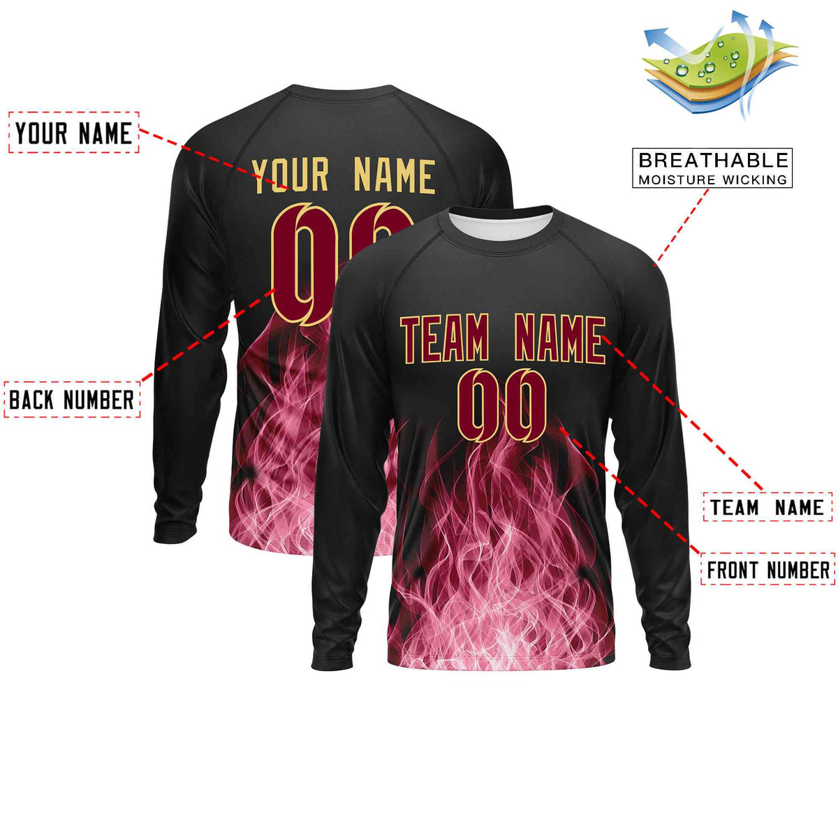 Custom Black Crimson Colorful Flame Pattern Long Sleeve Performance T-Shirt