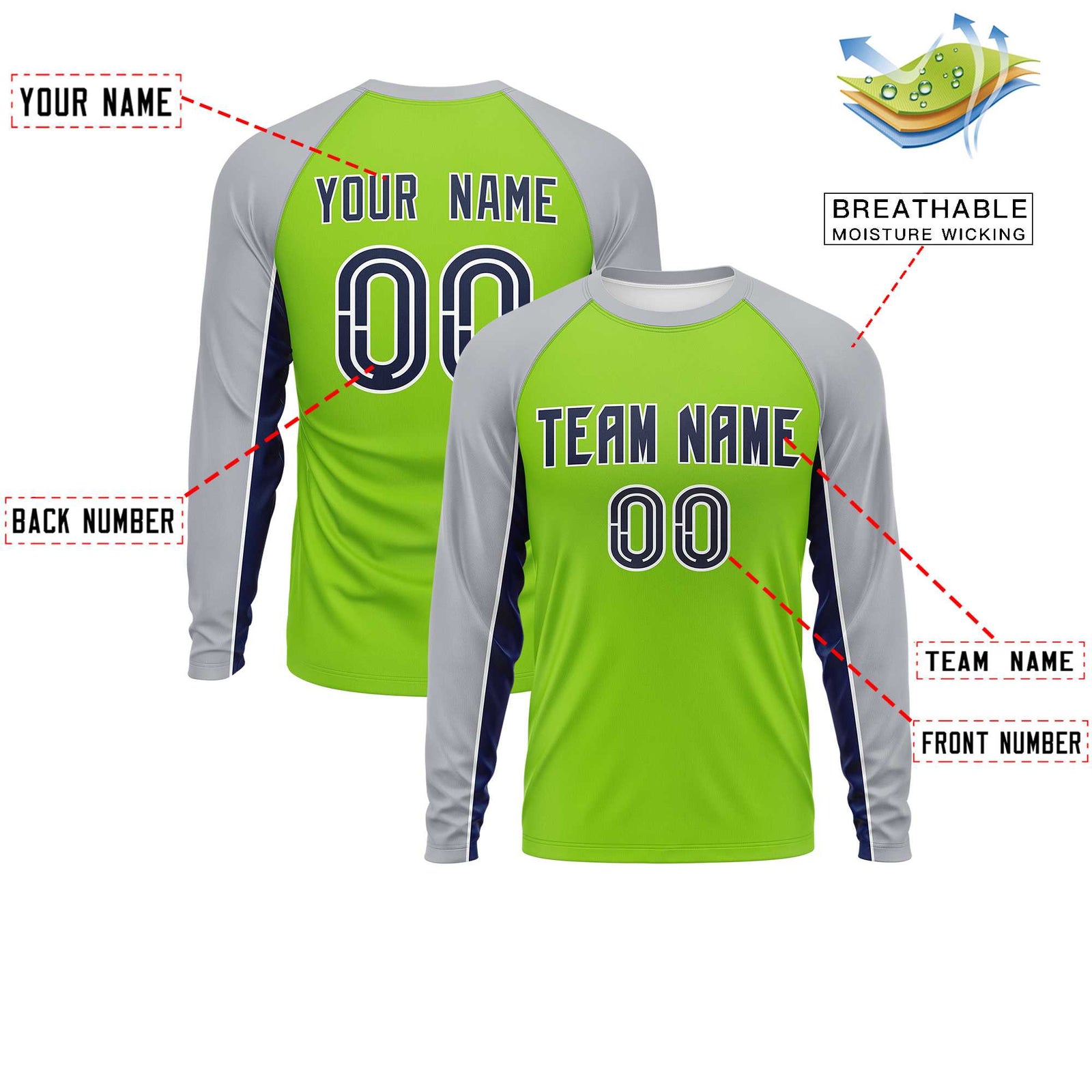 Custom Neon Green Gray Crew Neck Raglan Long Sleeve Performance T-Shirt
