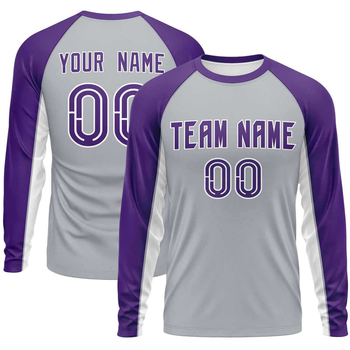 Custom Gray Purple Crew Neck Raglan Long Sleeve Performance T-Shirt