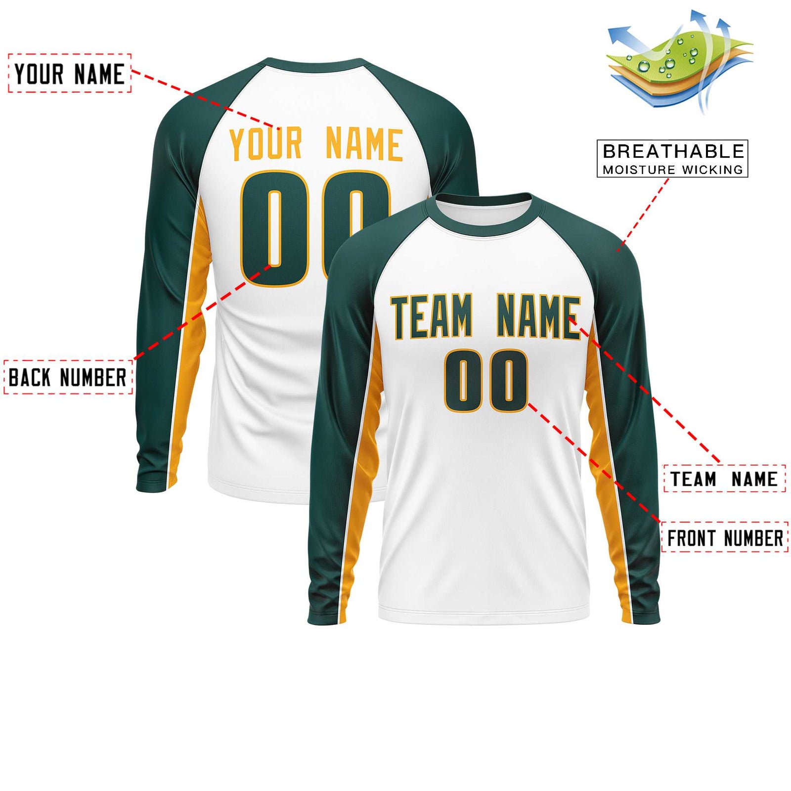 Custom White Midnight Green Crew Neck Raglan Long Sleeve Performance T-Shirt