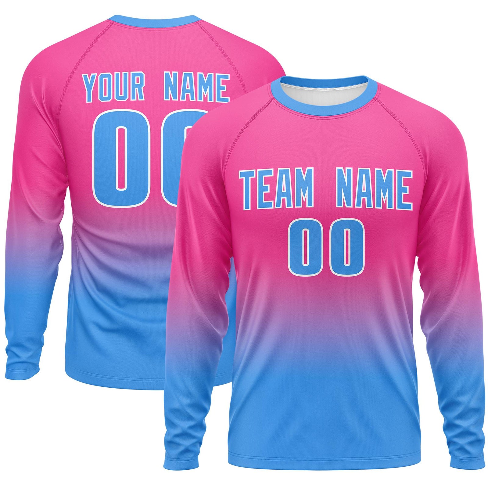 Custom Pink-Powder Blue Gradient Fashion Design Long Sleeve Performance T-Shirt