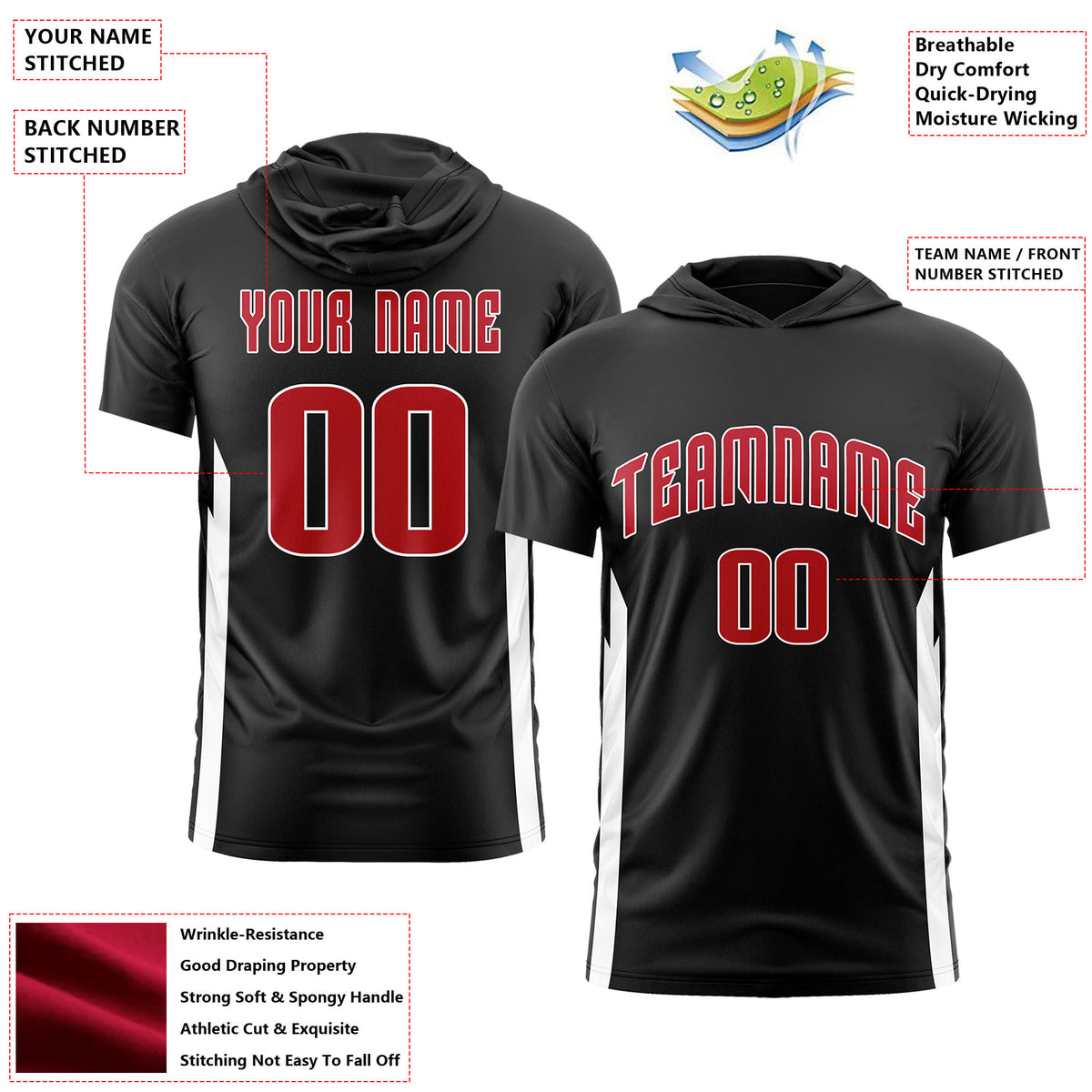 Custom Black Hoodie Short Sleeves Quick Dry Lightweight