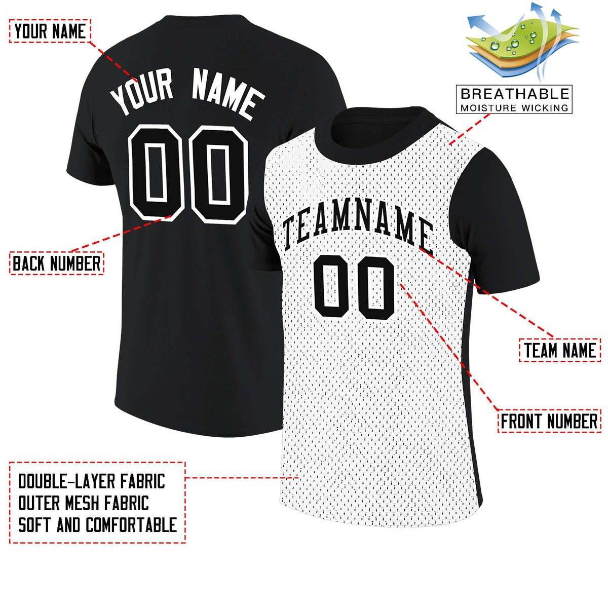 Custom Black White Mesh Two Tone T-Shirt