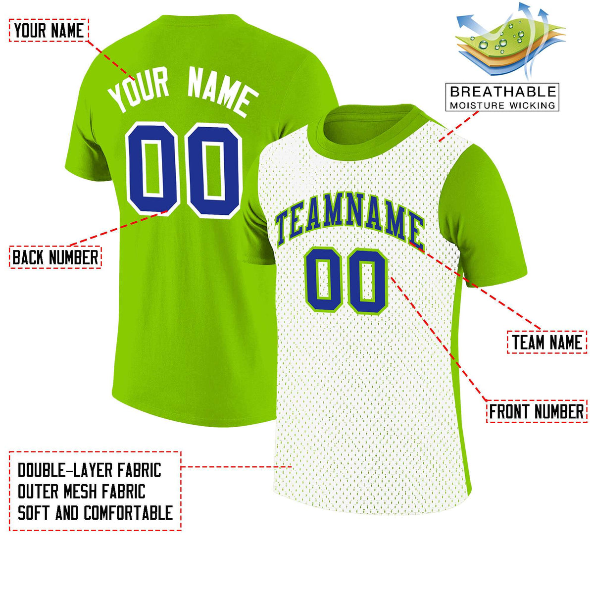 Custom Neon Green White Mesh Two Tone T-Shirt