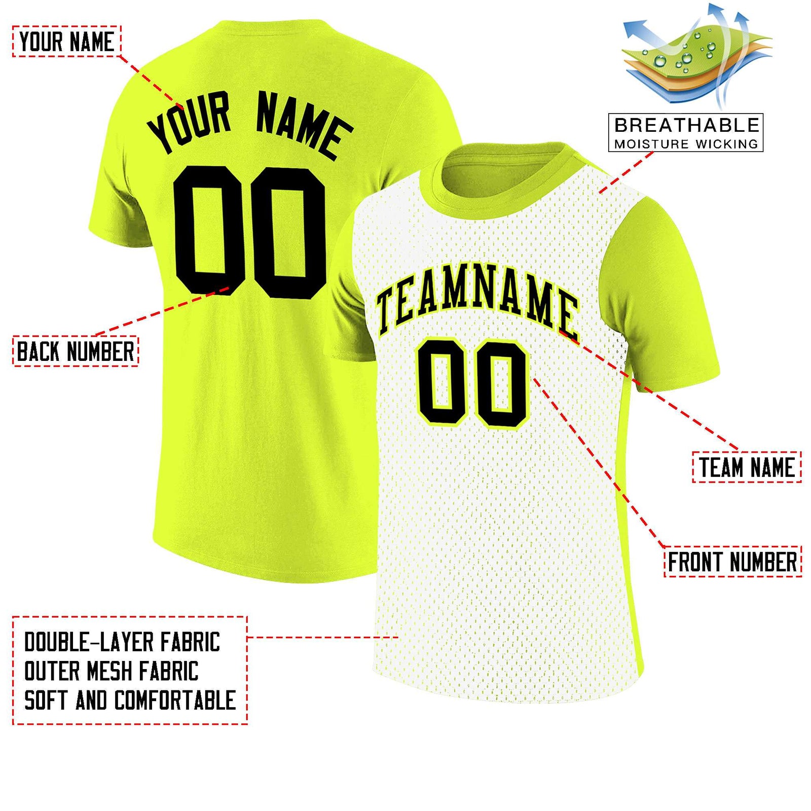 Custom Fluorescent Green White Mesh Two Tone T-Shirt