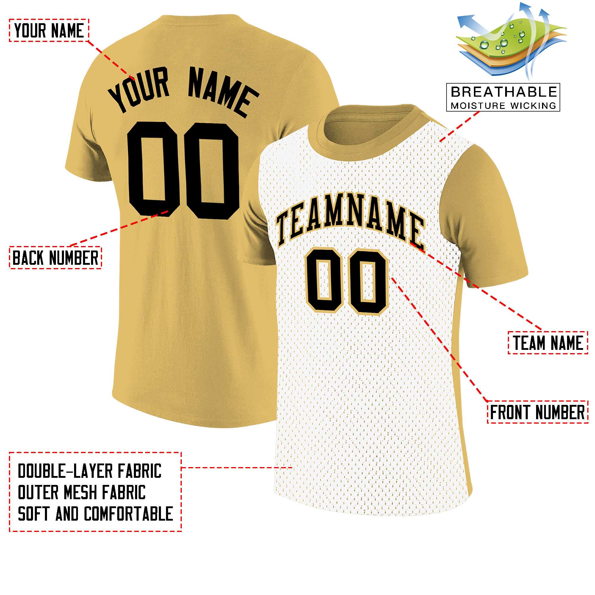 Custom Old Gold White Mesh Two Tone T-Shirt