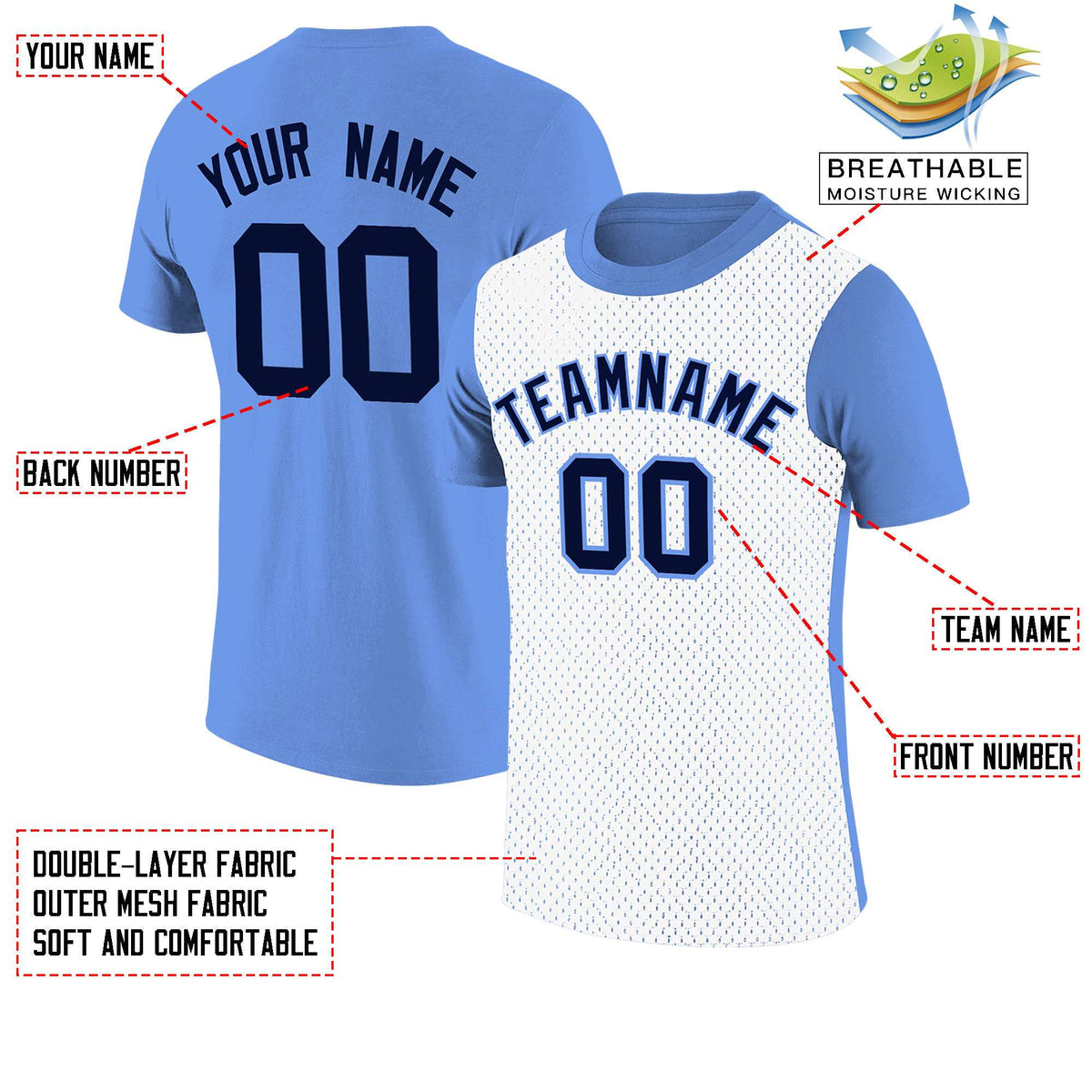 Custom Light Blue White Mesh Two Tone T-Shirt