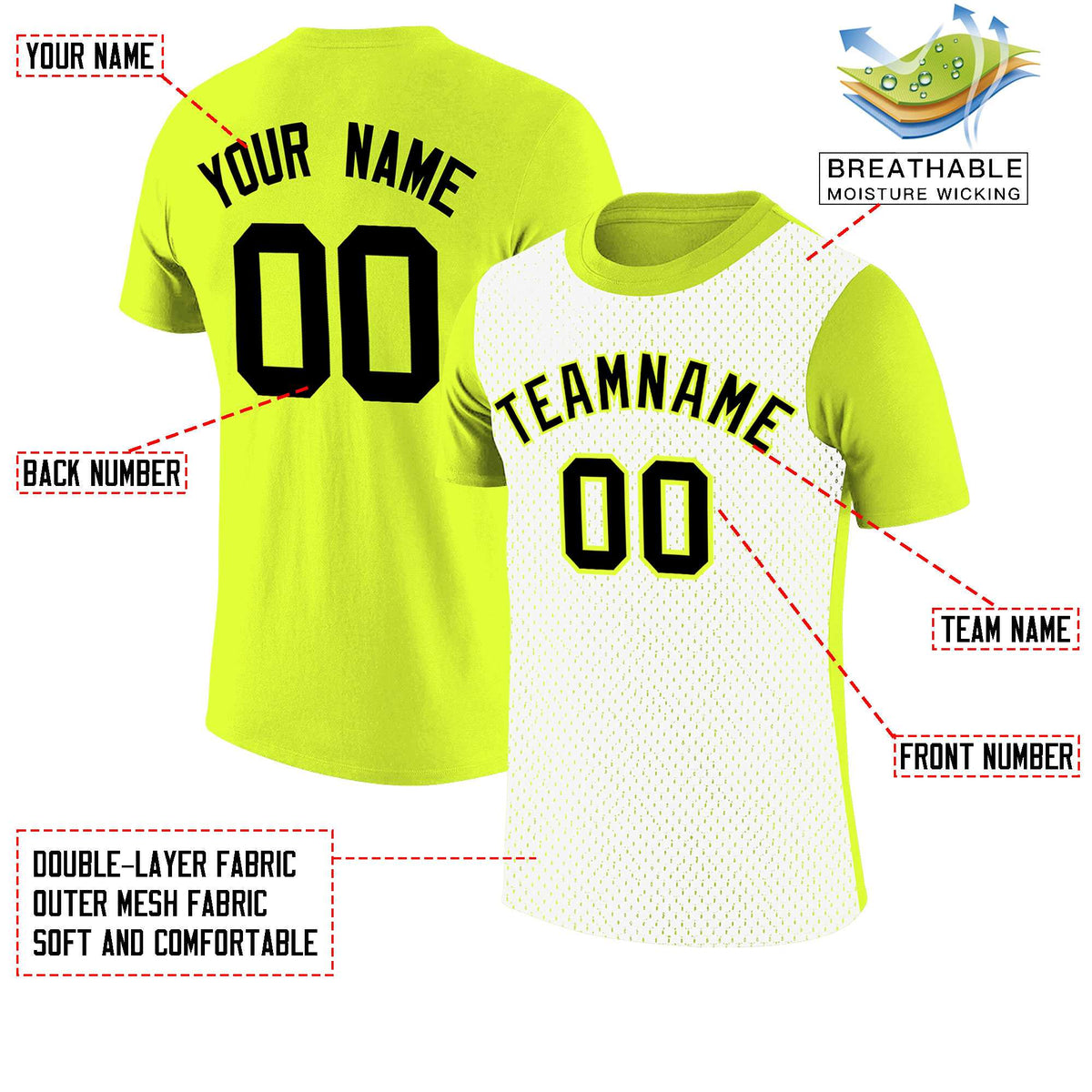 Custom Fluorescent Green White Mesh Two Tone T-Shirt