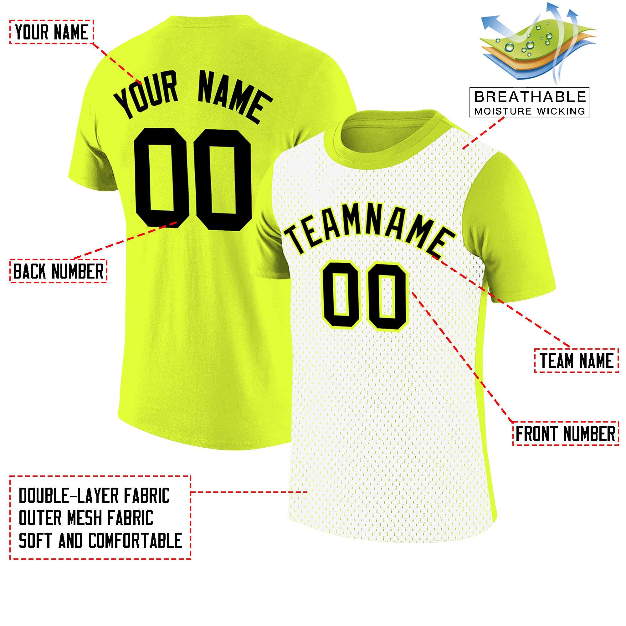 Custom Fluorescent Green White Mesh Two Tone T-Shirt