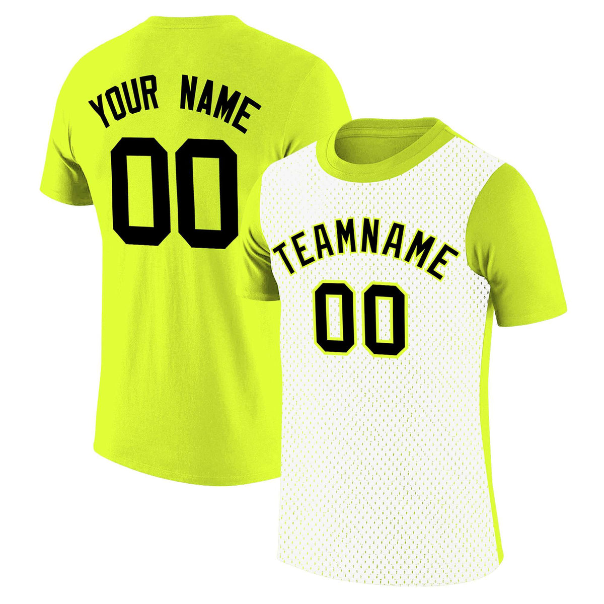 Custom Fluorescent Green White Mesh Two Tone T-Shirt