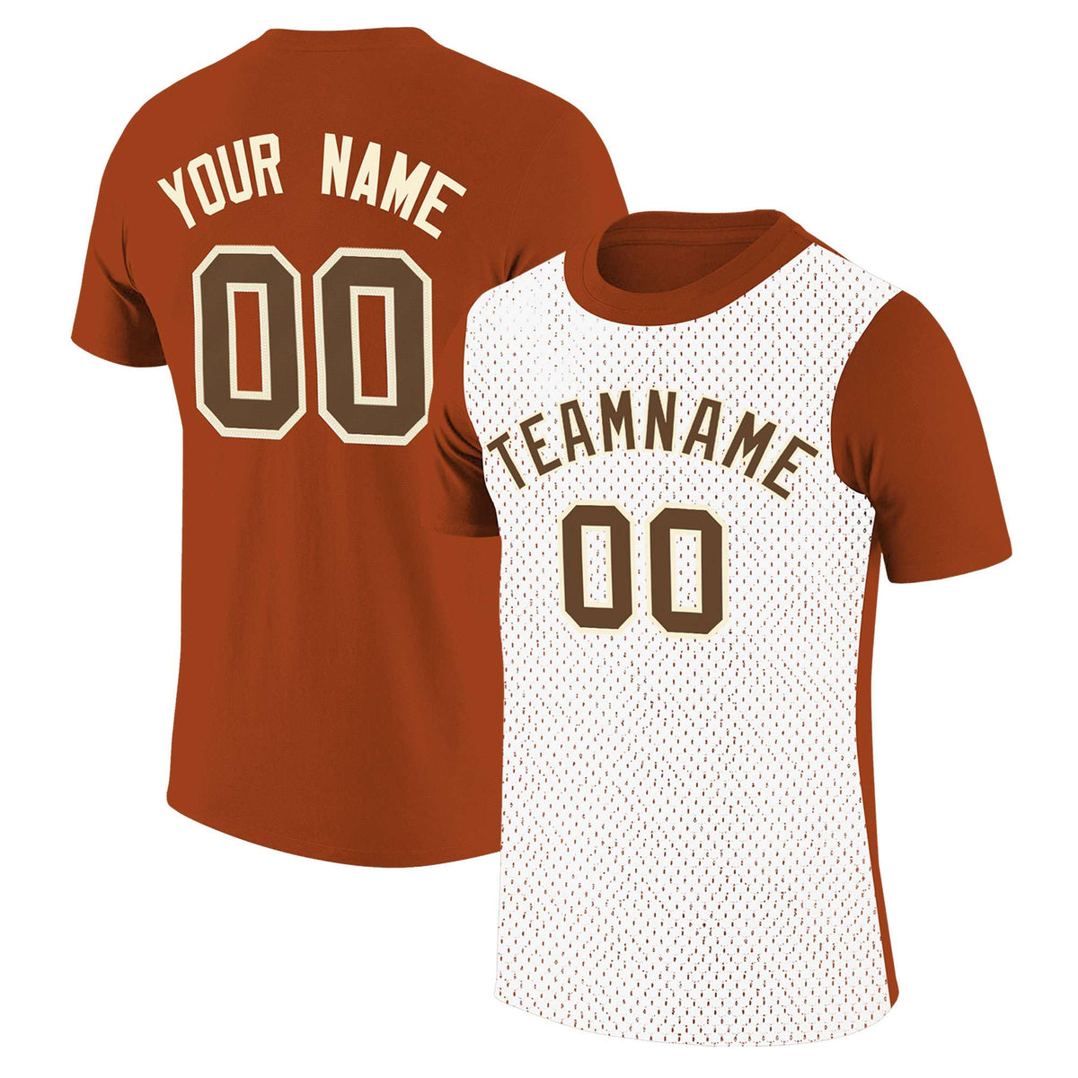 Custom Dark Orange White Mesh Two Tone T-Shirt