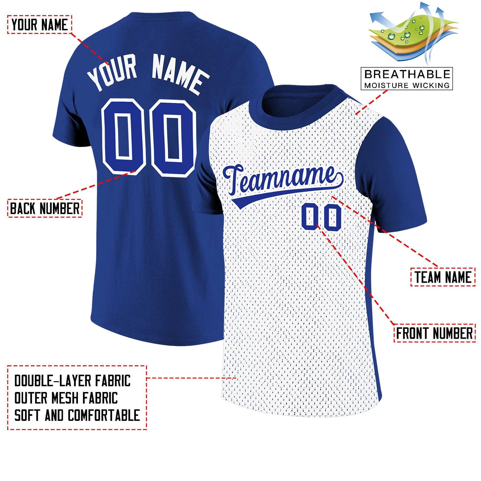 Custom Royal Blue White Mesh Two Tone T-Shirt