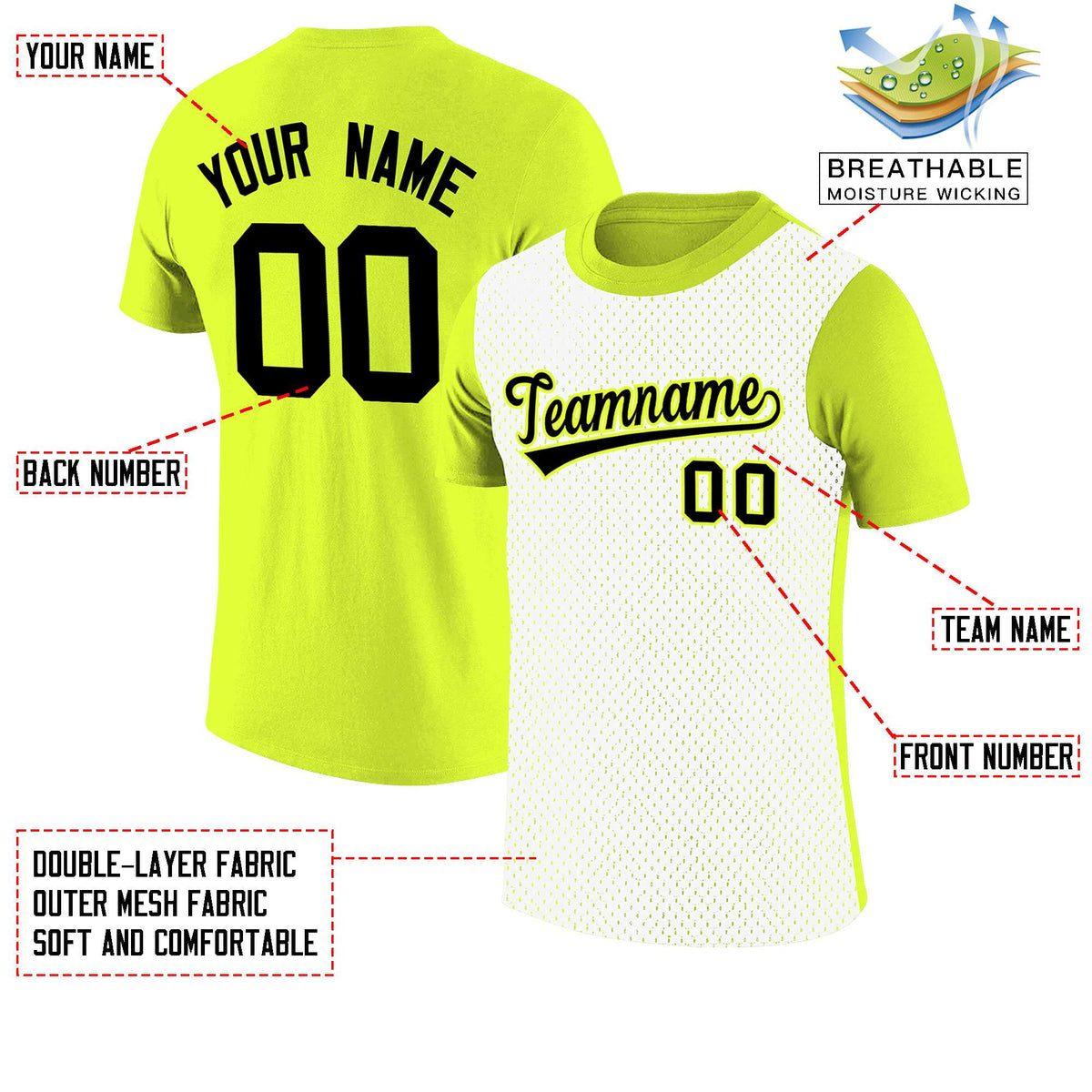 Custom Fluorescent Green White Mesh Two Tone T-Shirt