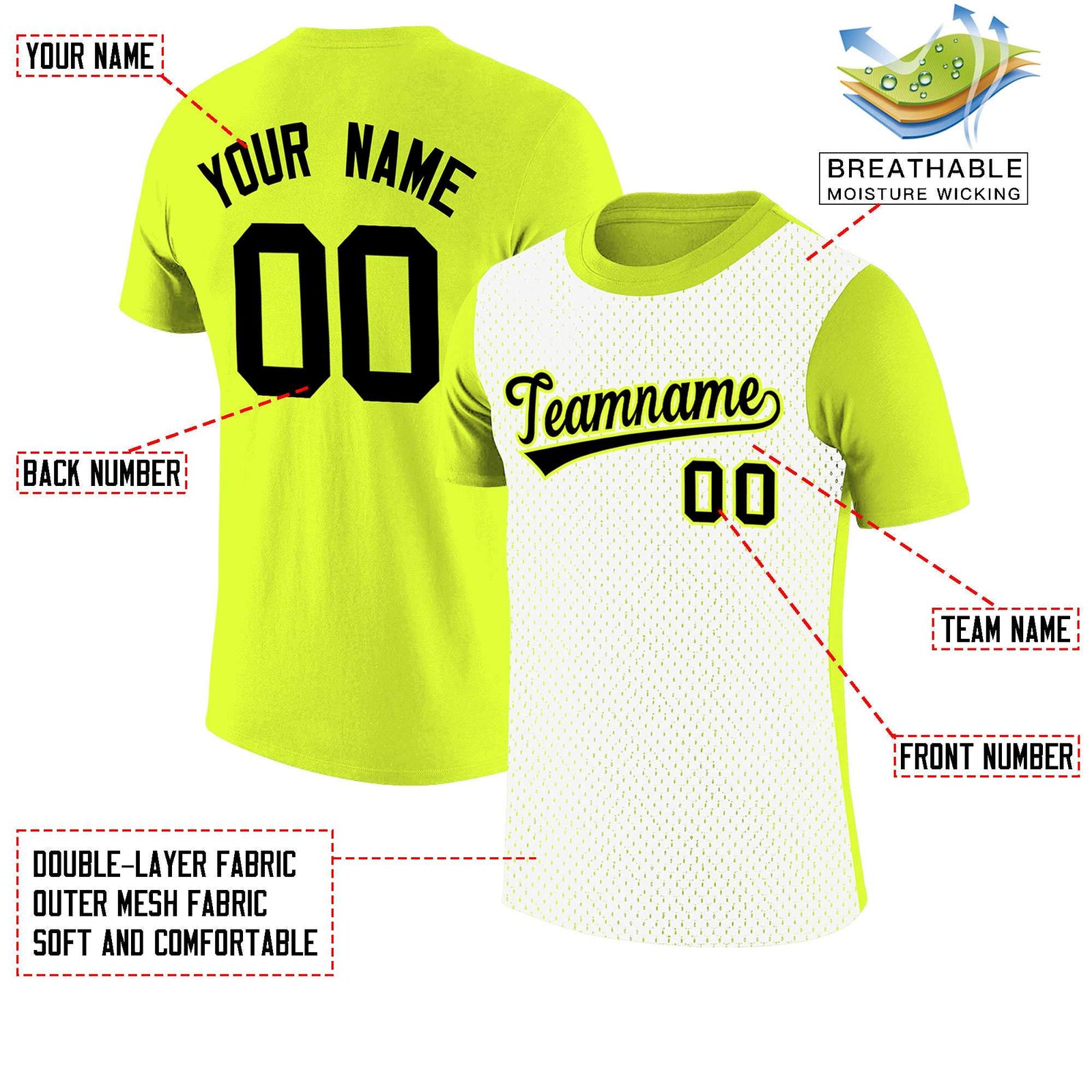 Custom Fluorescent Green White Mesh Two Tone T-Shirt