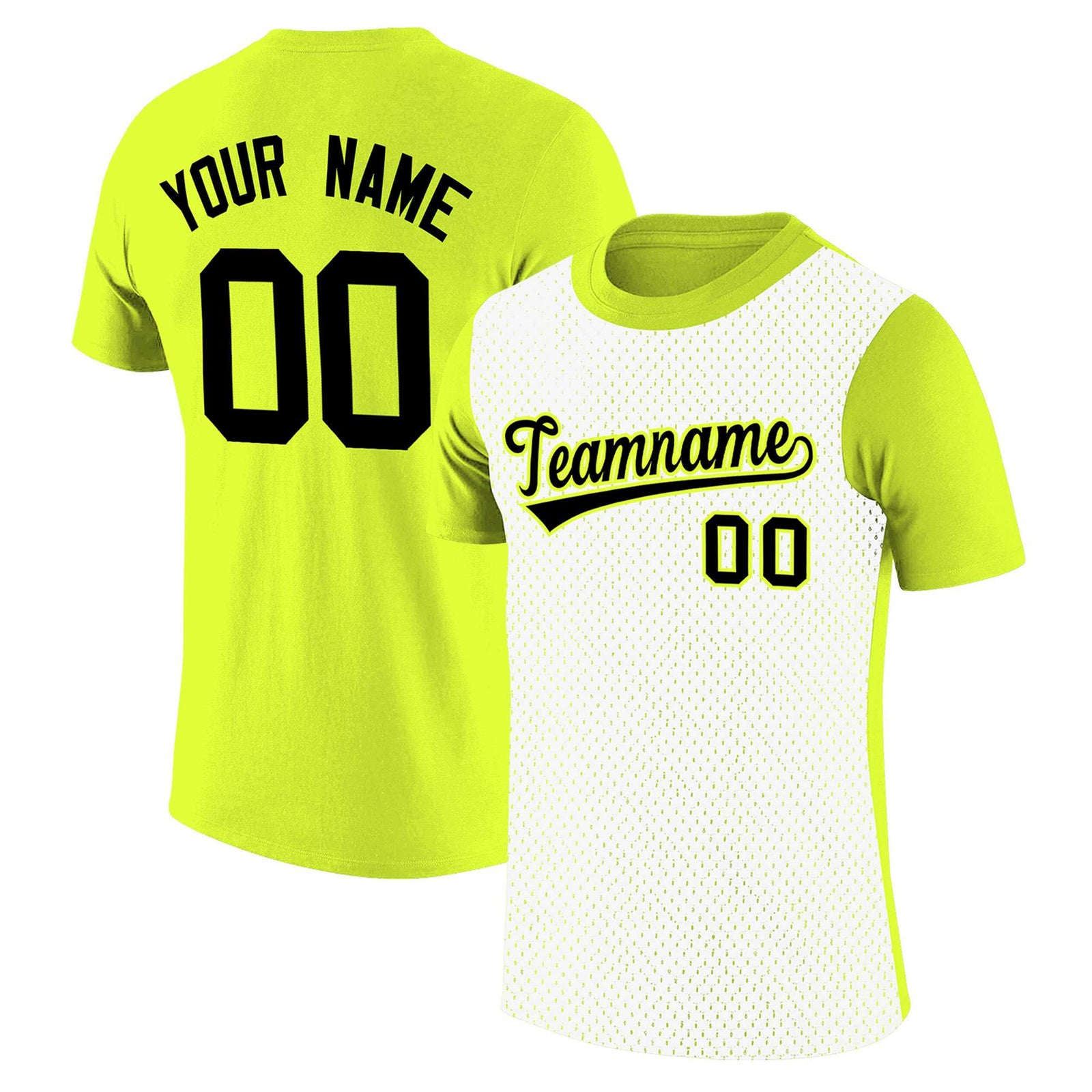 Custom Fluorescent Green White Mesh Two Tone T-Shirt