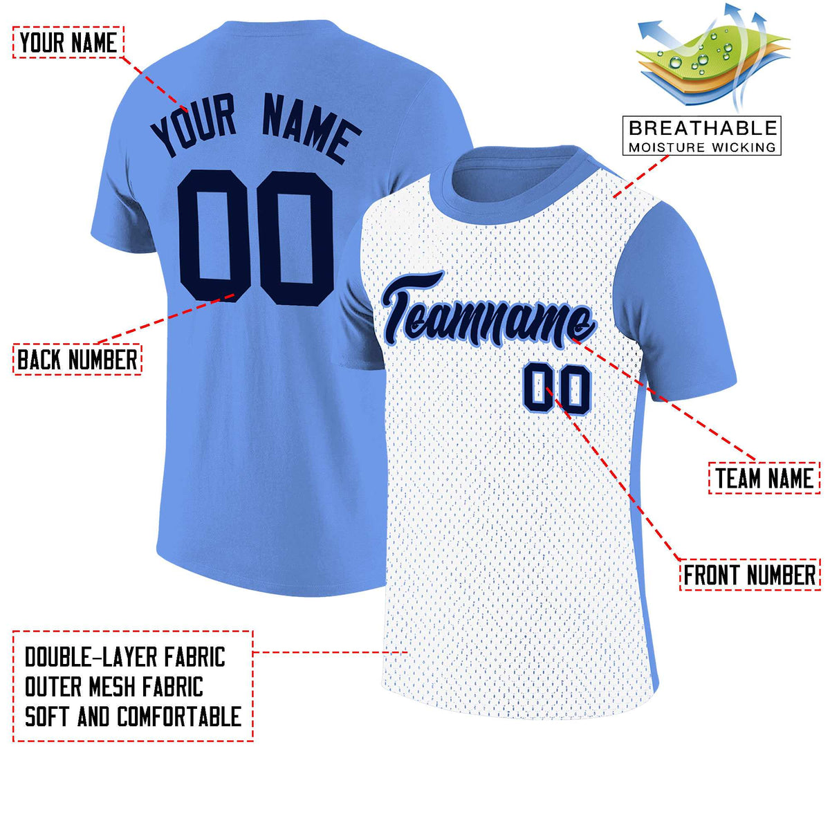 Custom Light Blue White Mesh Two Tone T-Shirt