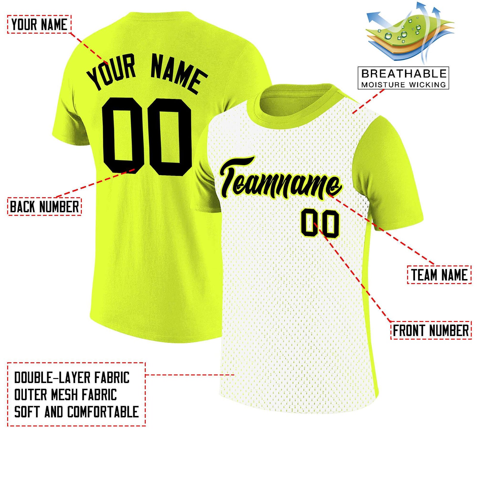 Custom Fluorescent Green White Mesh Two Tone T-Shirt