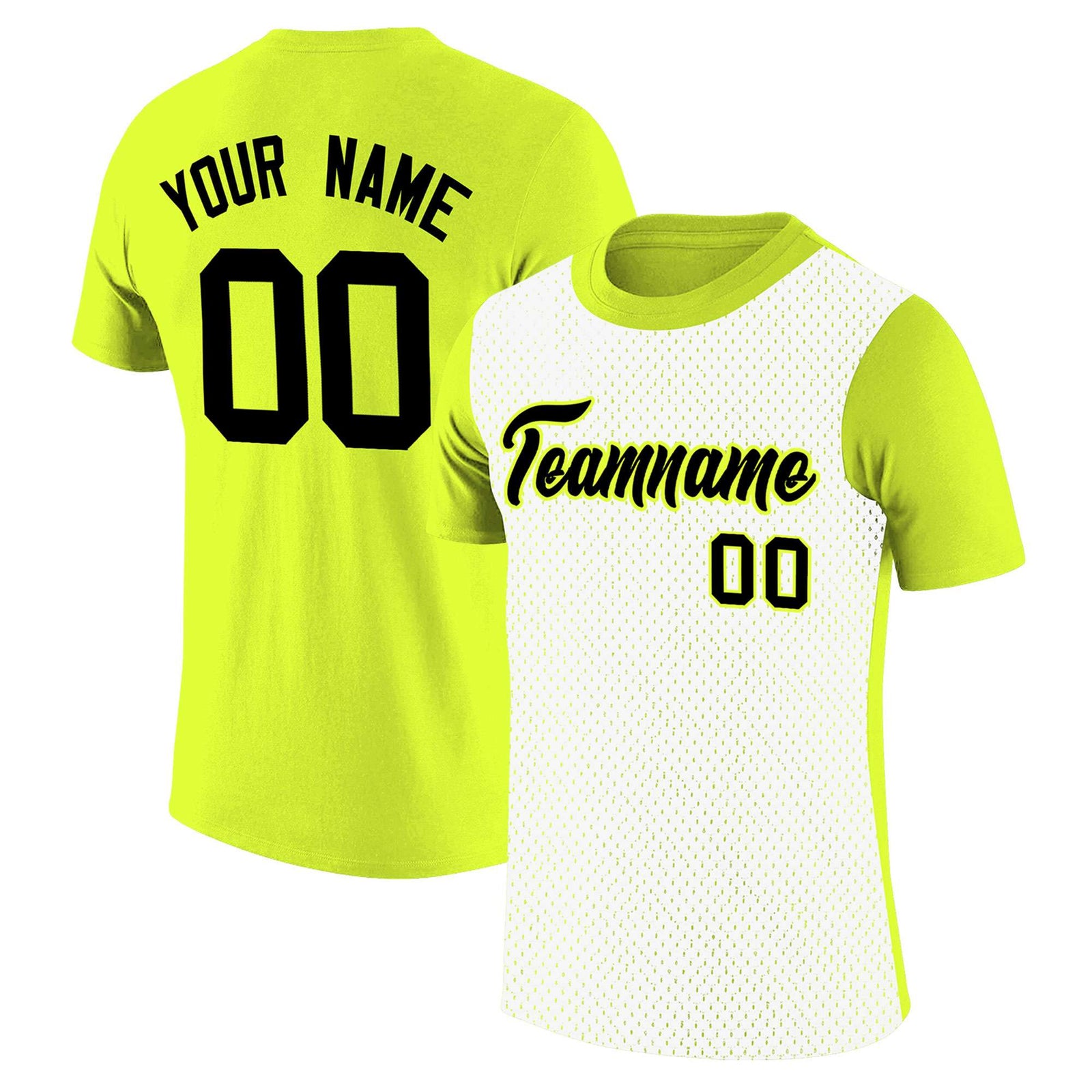 Custom Fluorescent Green White Mesh Two Tone T-Shirt