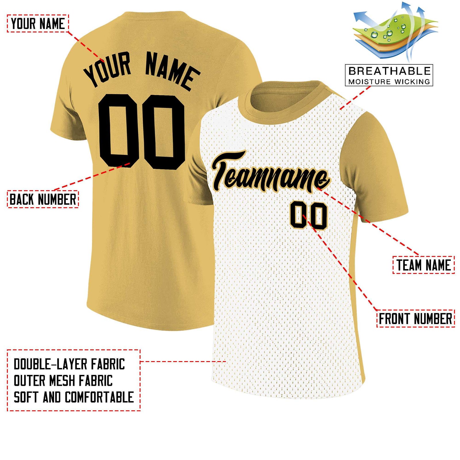 Custom Old Gold White Mesh Two Tone T-Shirt