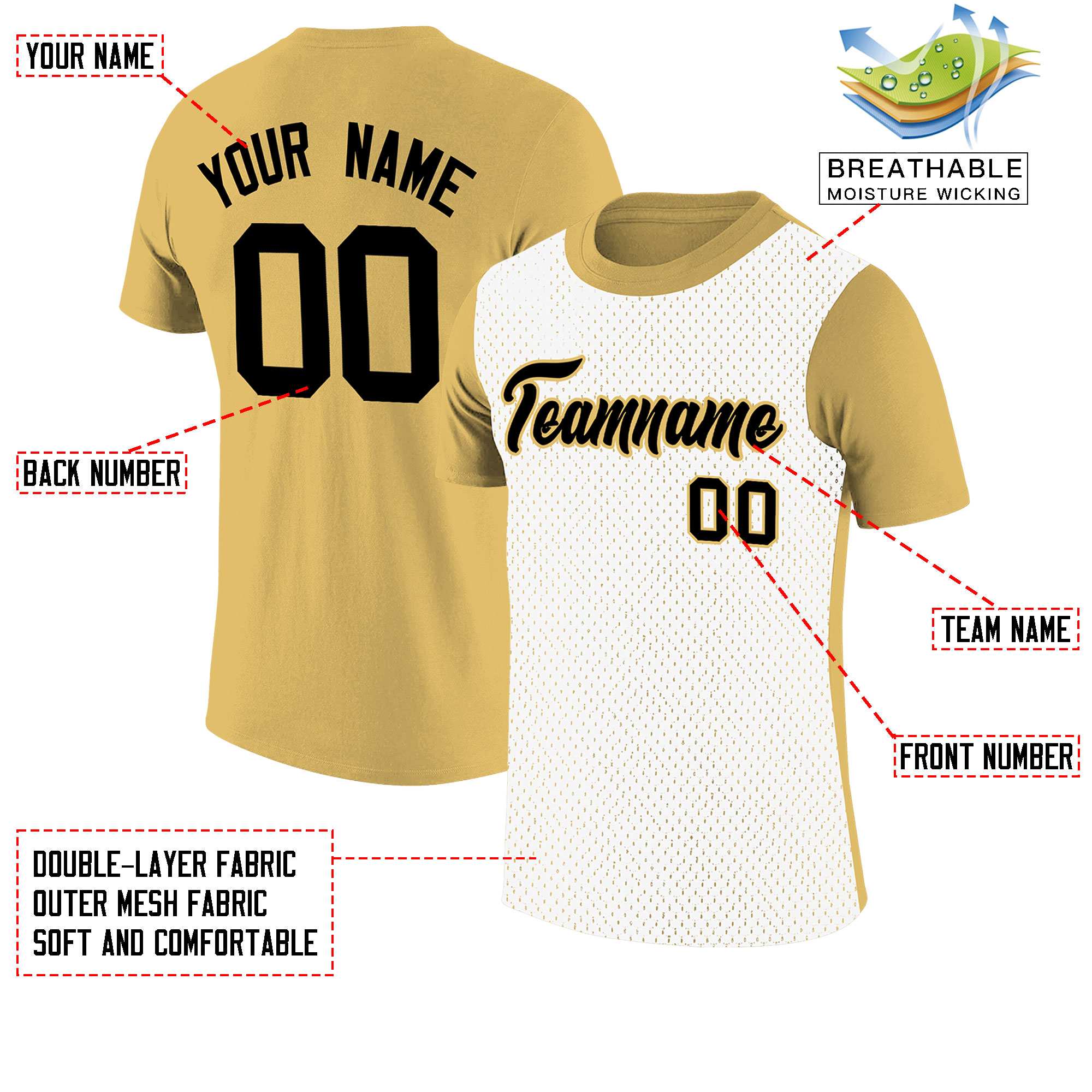 Custom Old Gold White Mesh Two Tone T-Shirt