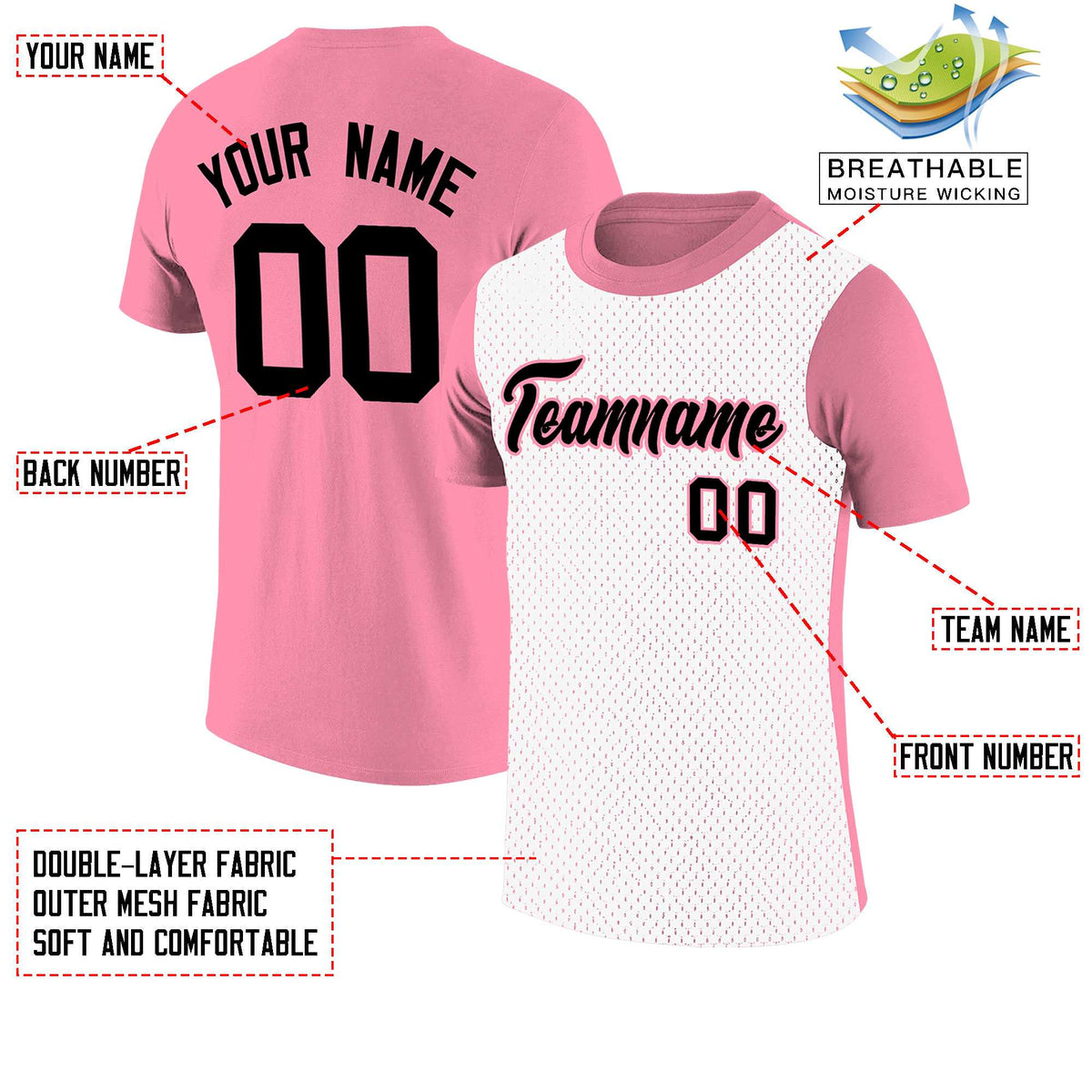 Custom Light Pink White Mesh Two Tone T-Shirt