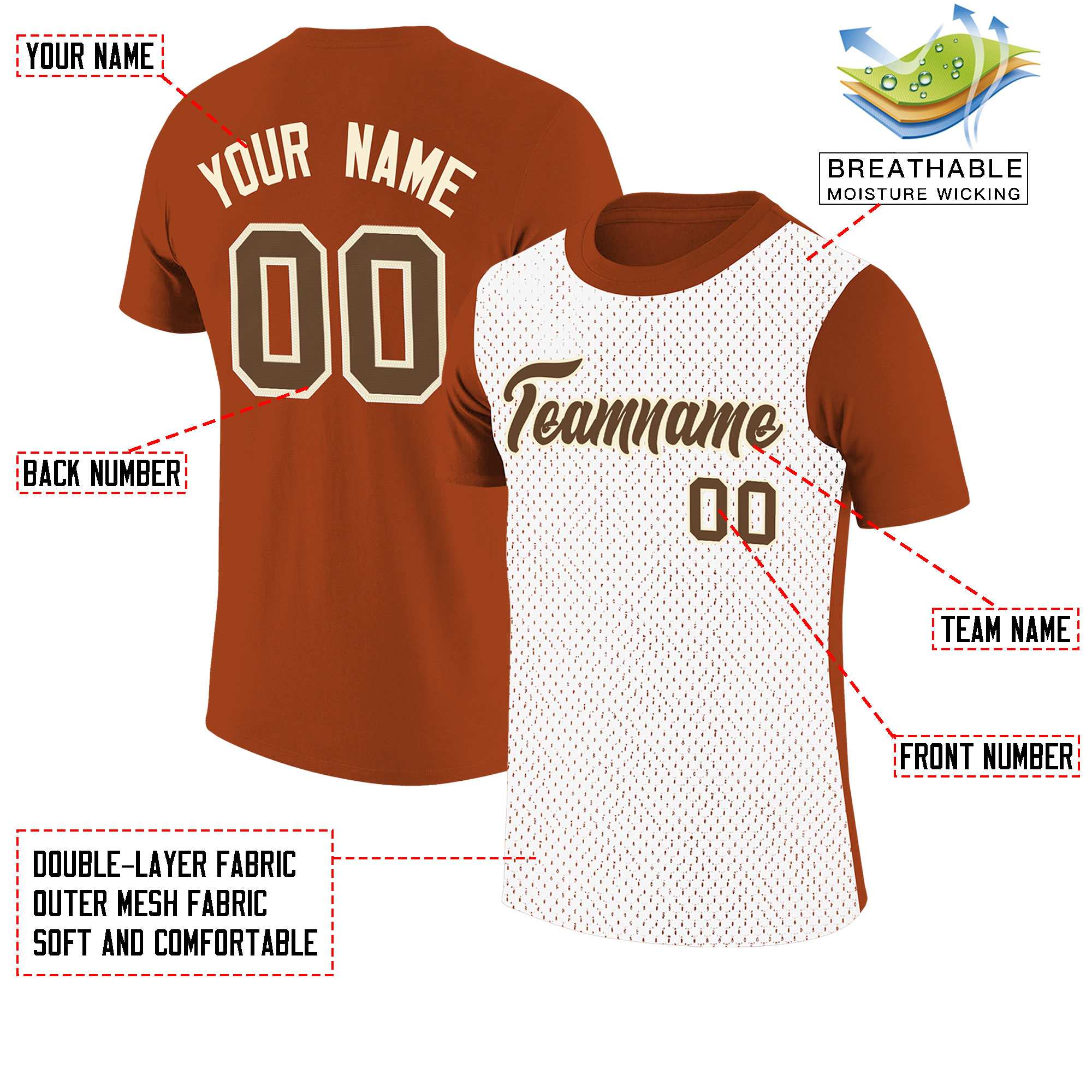 Custom Dark Orange White Mesh Two Tone T-Shirt
