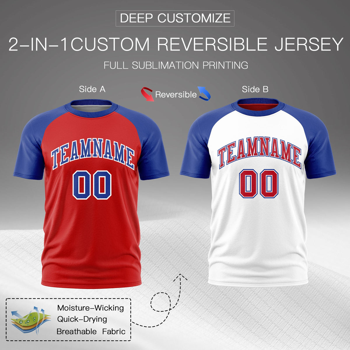 Custom Red Royal Blue White Reversible Raglan Sleeves Moisture-Wicking T-shirt| KXKSHOP