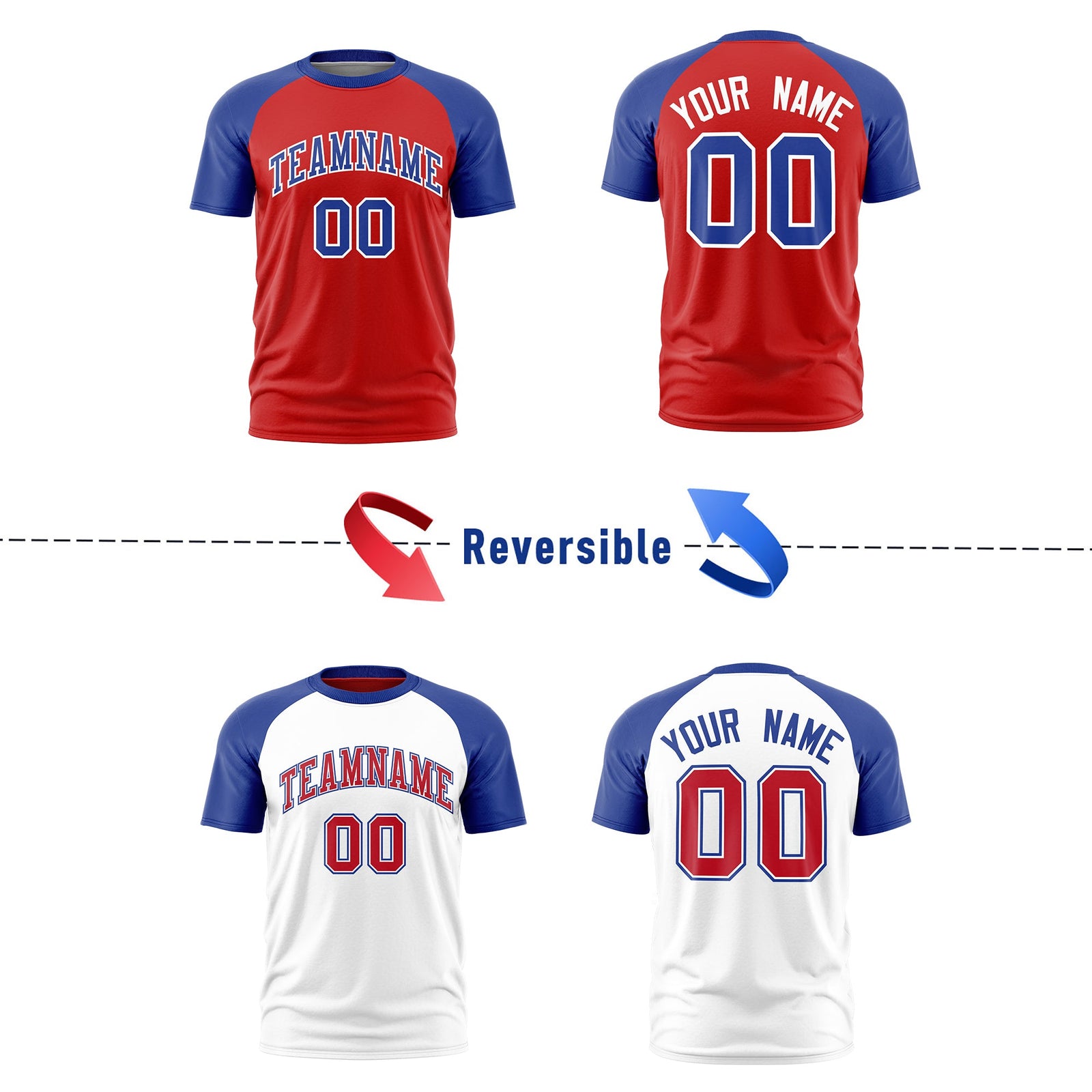 Custom Red Royal Blue White Reversible Raglan Sleeves Moisture-Wicking T-shirt| KXKSHOP