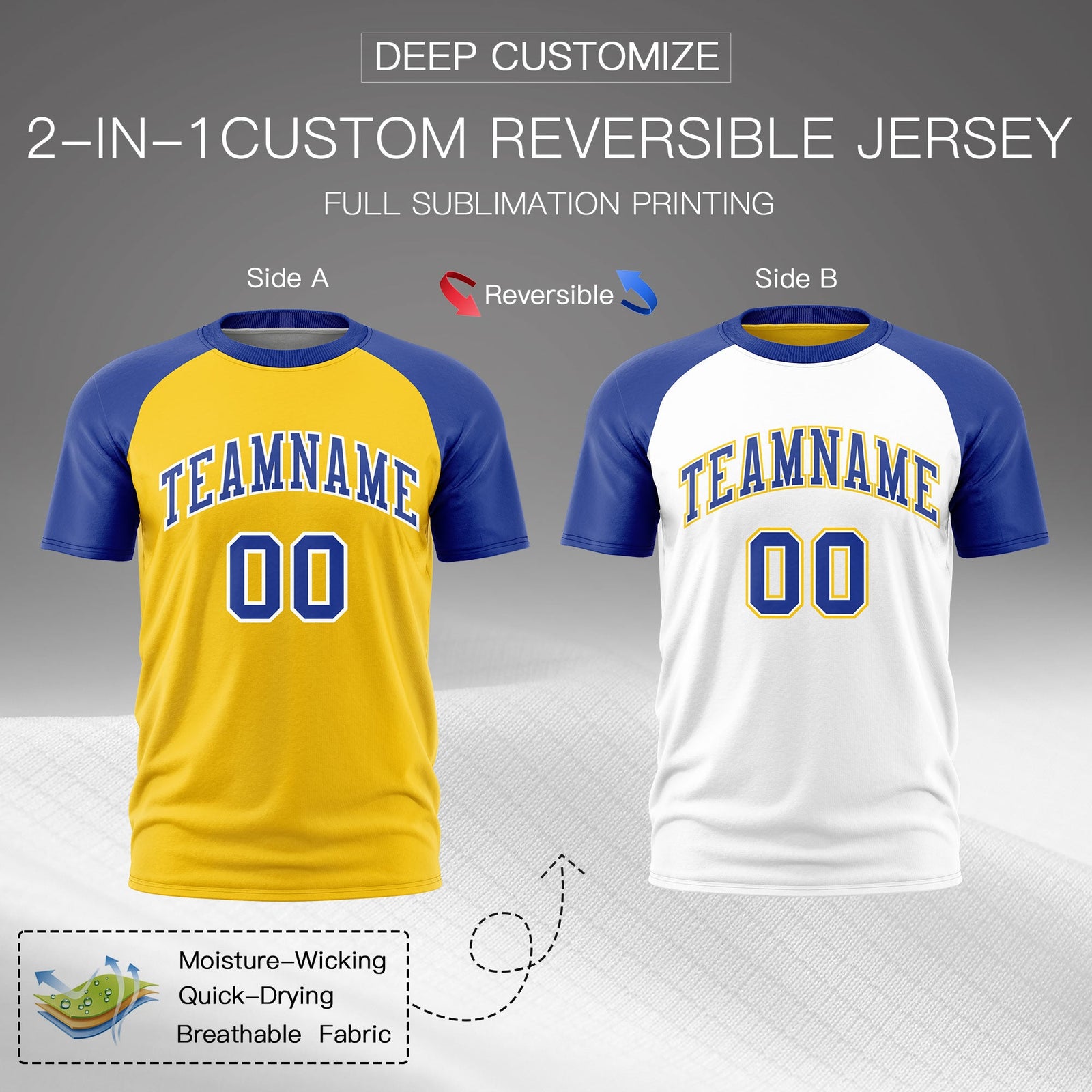 Custom Gold Royal Blue White Reversible Raglan Sleeves Moisture-Wicking T-shirt| KXKSHOP