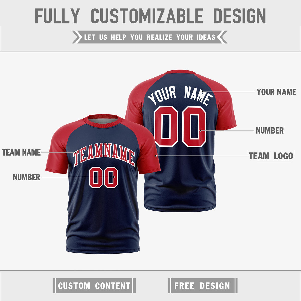 Custom Navy Red White Reversible Raglan Sleeves Moisture-Wicking T-shirt| KXKSHOP