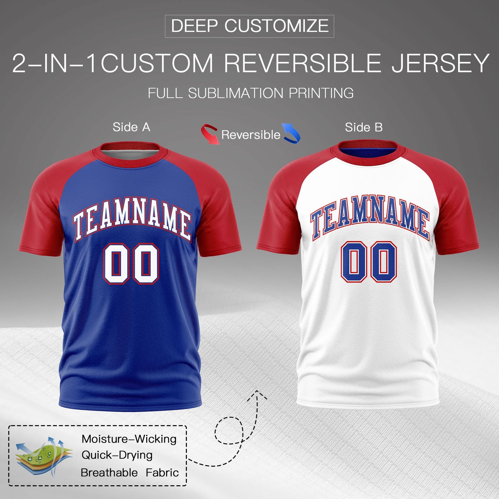 Custom Royal Blue Red White Reversible Raglan Sleeves Quick Dry T-shirt| KXKSHOP