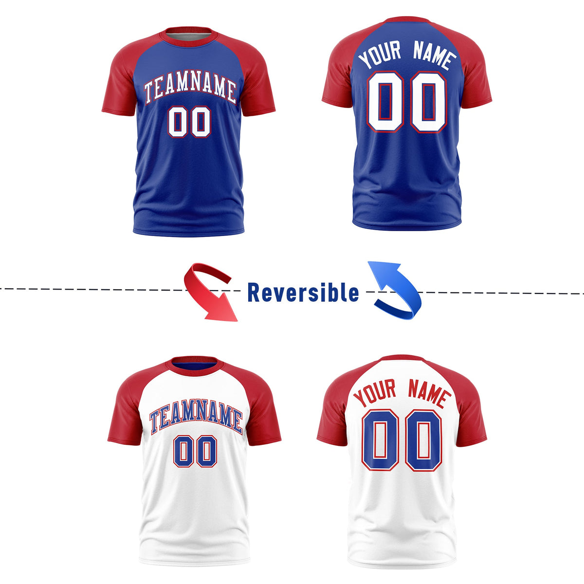 Custom Royal Blue Red White Reversible Raglan Sleeves Quick Dry T-shirt| KXKSHOP