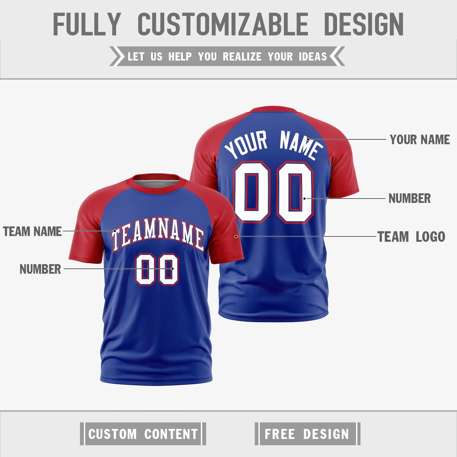 Custom Royal Blue Red White Reversible Raglan Sleeves Quick Dry T-shirt| KXKSHOP