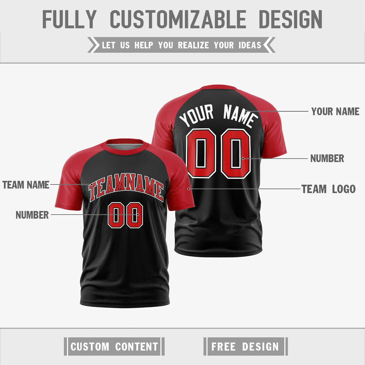 Custom Red Black White Reversible Raglan Sleeves Moisture-Wicking T-shirt| KXKSHOP