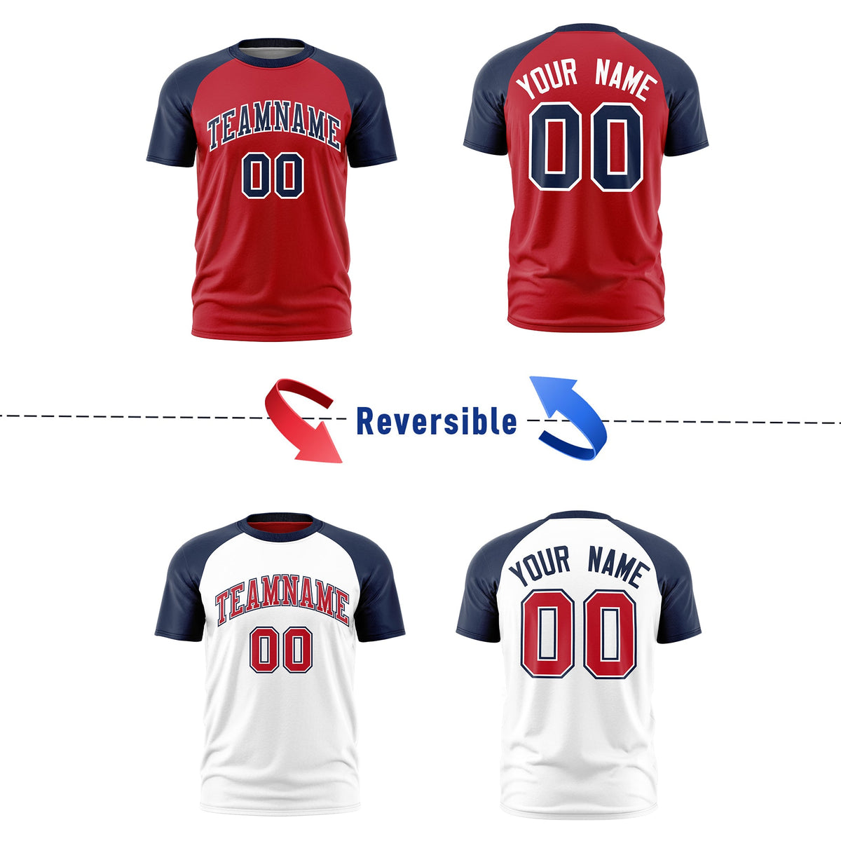 Custom Red Navy White Reversible Raglan Sleeves Quick Dry T-shirt| KXKSHOP