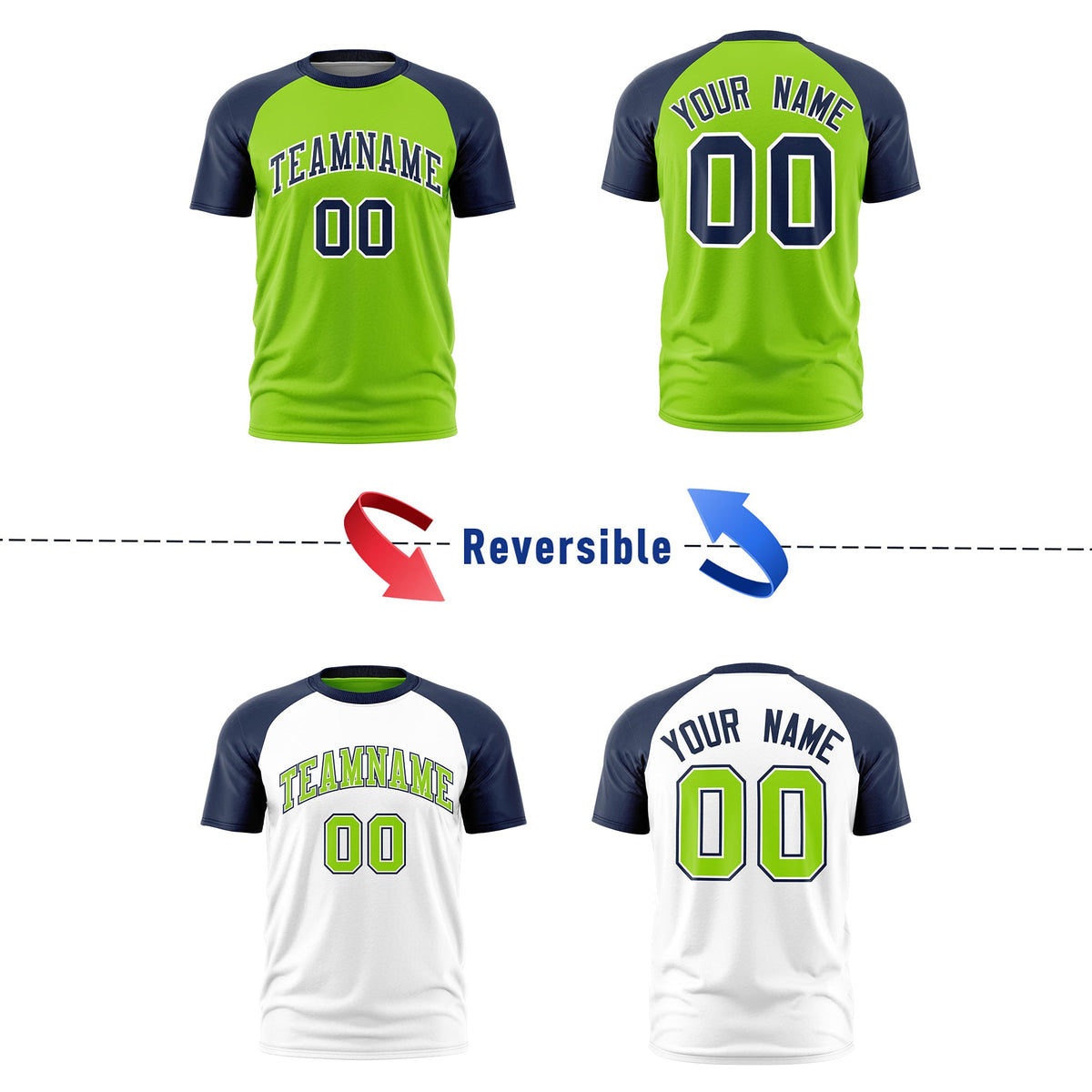 Custom Neon Green Navy White Reversible Raglan Sleeves Moisture-Wicking T-shirt| KXKSHOP