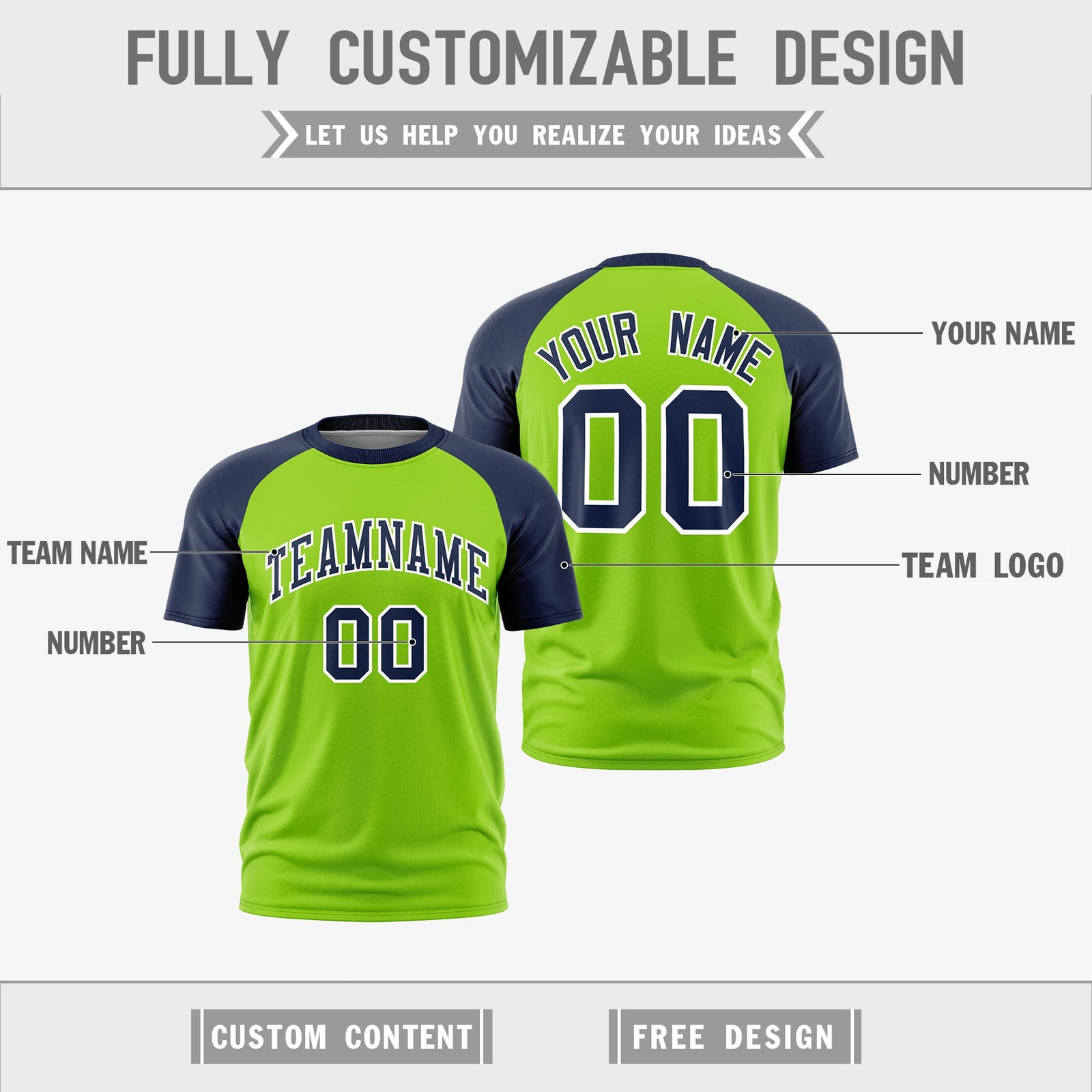 Custom Neon Green Navy White Reversible Raglan Sleeves Moisture-Wicking T-shirt| KXKSHOP