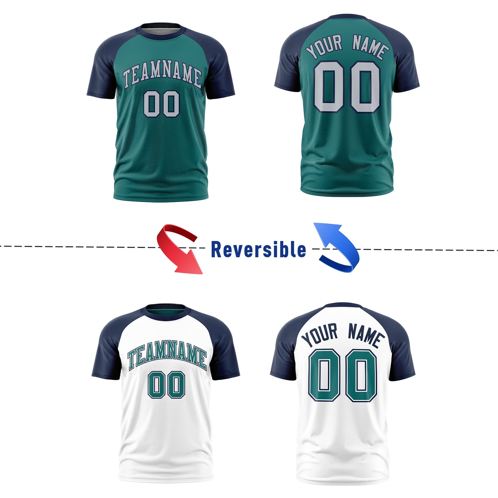 Custom Teal Navy Silver Reversible Raglan Sleeves Moisture-Wicking T-shirt| KXKSHOP