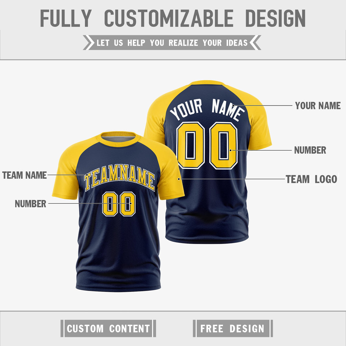 Custom Navy Gold White Reversible Raglan Sleeves Quick Dry T-shirt| KXKSHOP
