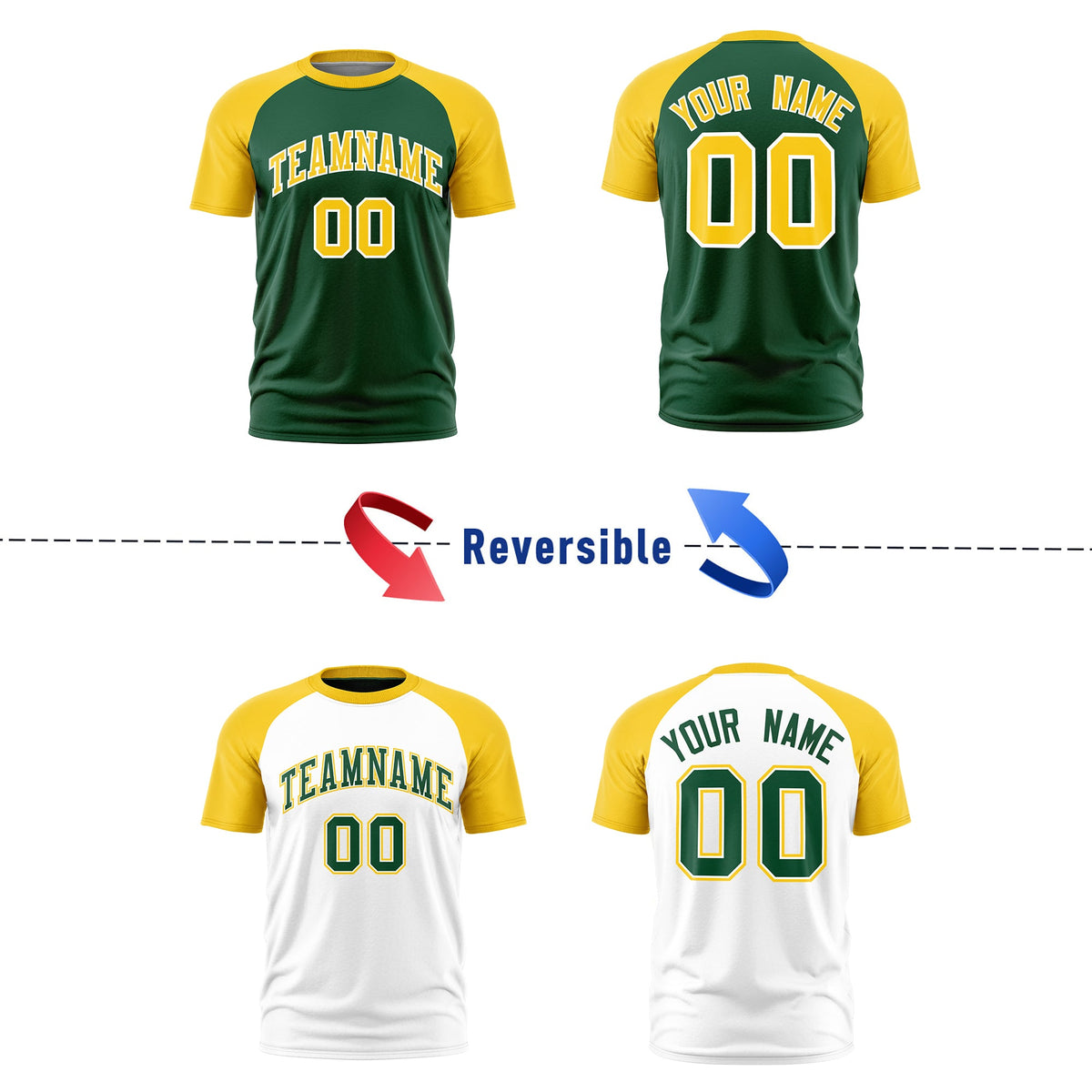 Custom Dark Green White Gold Reversible Raglan Sleeves Moisture-Wicking T-shirt| KXKSHOP